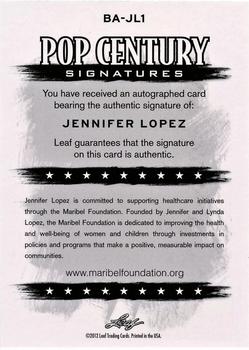 2012 Leaf Pop Century Signatures #BA-JL1 Jennifer Lopez Back