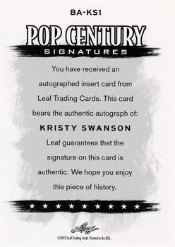 2012 Leaf Pop Century Signatures #BA-KS1 Kristy Swanson Back