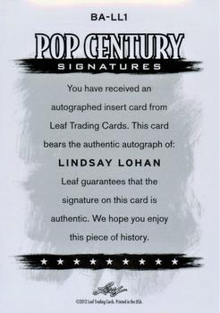 2012 Leaf Pop Century Signatures #BA-LL1 Lindsay Lohan Back