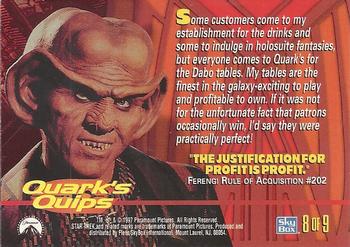 1997 Fleer Star Trek Deep Space Nine Profiles - Quark's Bar #8 The Justification for Profit is Profit. Back