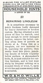 1936 Wills's Household Hints #20 Repairing Linoleum Back