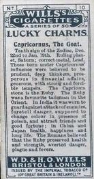 1923 Wills's Lucky Charms #10 Capricornus, The Goat. Back