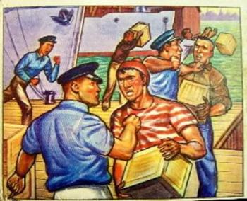 1951 Bowman (Fight the) Red Menace (R701-12) #7 Trouble on the Docks Front