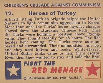 1951 Bowman (Fight the) Red Menace (R701-12) #12 Heroes of Turkey Back
