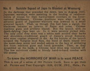 1938 Gum Inc. Horrors of War (R69) #6 Suicide Squad of Japs Is Blasted at Woosung Back