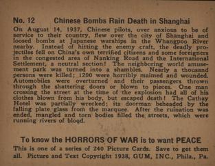 1938 Gum Inc. Horrors of War (R69) #12 Chinese Bombs Rain Death in Shanghai Back