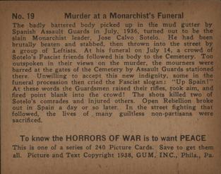 1938 Gum Inc. Horrors of War (R69) #19 Murder at a Monarchist's Funeral Back
