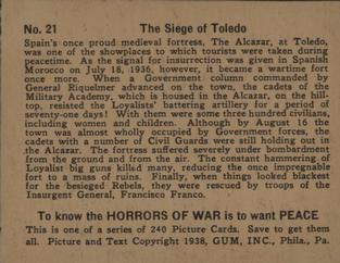 1938 Gum Inc. Horrors of War (R69) #21 The Siege of Toledo Back