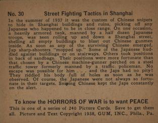 1938 Gum Inc. Horrors of War (R69) #30 Street Fighting Tactics in Shanghai Back
