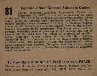 1938 Gum Inc. Horrors of War (R69) #81 Japanese Airmen Bombard Schools in Canton Back
