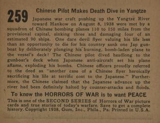 1938 Gum Inc. Horrors of War (R69) #259 Chinese Pilot Makes Death Dive in Yangtze Back