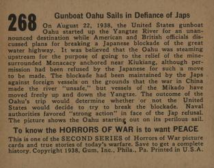 1938 Gum Inc. Horrors of War (R69) #268 Gun Boat Oahu Sails in Defiance of Japs Back