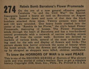 1938 Gum Inc. Horrors of War (R69) #274 Rebels Bomb Barcelona's Flower Promenade Back