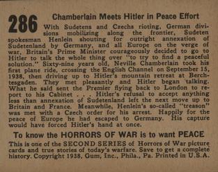1938 Gum Inc. Horrors of War (R69) #286 Chamberlain Meets Hitler in Peace Effort Back