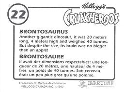 1992 Panini/Kellogg's Cruncheroos Dinosaur Stickers #22 Brontosaurus Back