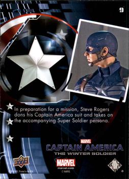 2014 Upper Deck Captain America The Winter Soldier #9 In preparation for a mission, Steve Rogers dons hi Back