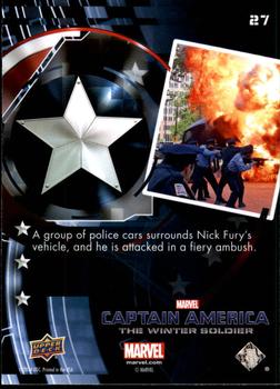 2014 Upper Deck Captain America The Winter Soldier #27 A group of police cars surrounds Nick Fury's vehic Back