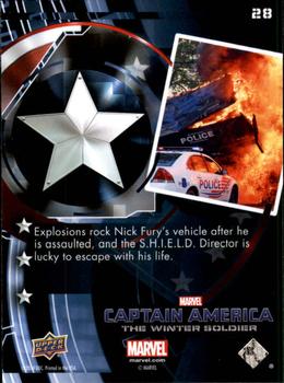 2014 Upper Deck Captain America The Winter Soldier #28 Explosions rock Nick Fury's vehicle after he is as Back