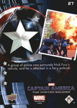 2014 Upper Deck Captain America The Winter Soldier - Silver Patriotic Foil #27 A group of police cars surrounds Nick Fury's vehic Back