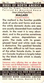 1962 Brooke Bond (Red Rose Tea) Birds of North America #11 Mallard Back