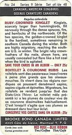 1966 Brooke Bond (Red Rose Tea) Canadian / American Songbirds (Canadian Black Backs) #24 Ruby-crowned Kinglet Back