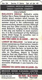 1966 Brooke Bond (Red Rose Tea) Canadian / American Songbirds (Canadian Black Backs) #34 Bullock's Oriole Back