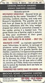 1966 Brooke Bond (Red Rose Tea) Canadian / American Songbirds (Canadian Black Backs) #36 Bronzed Grackle Back