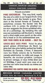 1966 Brooke Bond (Red Rose Tea) Canadian / American Songbirds (Canadian Black Backs) #39 Pine Grosbeak Back