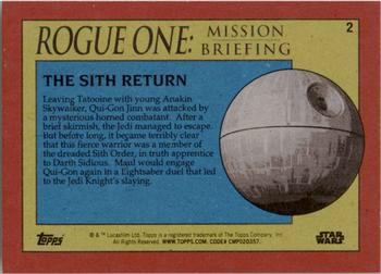 2016 Topps Star Wars Rogue One: Mission Briefing - Death Star Black #2 The Sith Return Back