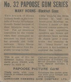 1934 Papoose Gum Indians (V254) #32 Many Horns Back