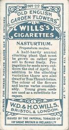 1910 Wills's Old English Garden Flowers #22 Nasturtium Back