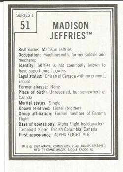 1987 Comic Images Marvel Universe I #51 Madison Jefferies Back