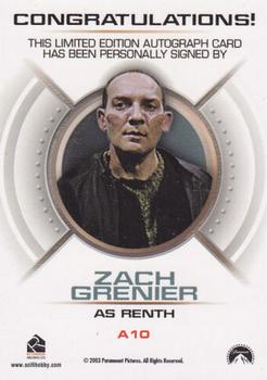 2003 Rittenhouse Star Trek Enterprise Season 2 - Cast Autographs #A10 Zach Grenier Back