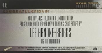 1998 SkyBox Star Trek Insurrection - Autographs #A-15 Lee Arnone-Briggs Back