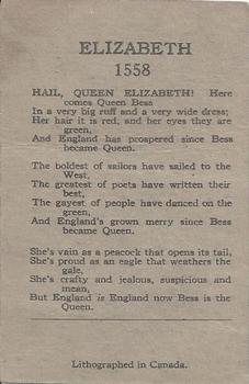1930 O-Pee-Chee Kings & Queens (V302) #NNO Elizabeth I Back