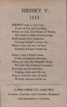 1930 O-Pee-Chee Kings & Queens (V302) #NNO Henry V Back