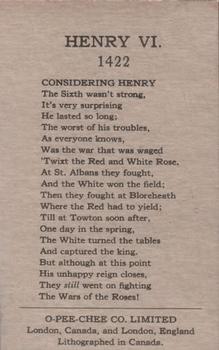 1930 O-Pee-Chee Kings & Queens (V302) #NNO Henry VI Back