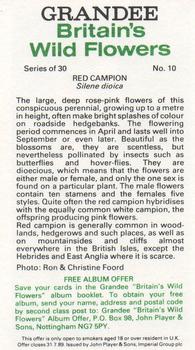 1986 Grandee Britain's Wild Flowers #10 Red Campion Back