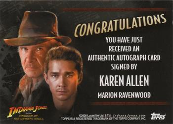 2008 Topps Indiana Jones and the Kingdom of the Crystal Skull - Autographs #NNO Karen Allen Back