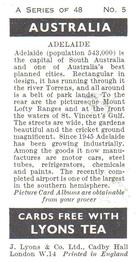 1959 Lyons Tea Australia #5 Adelaide Back
