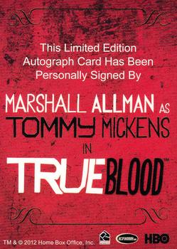 2012 Rittenhouse True Blood Premiere - Full Bleed Autographs #NNO Marshall Allman Back