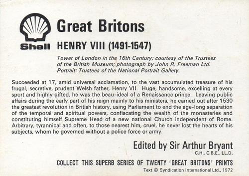 1972 Shell Great Britons #NNO Henry VIII (1491-1547) Back