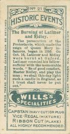 1912 Wills's Historic Events #21 The Burning of Latimer and Ridley Back