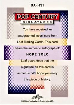 2013 Leaf Pop Century - Silver #BA-HS1 Hope Solo Back