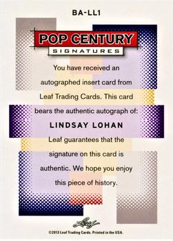 2013 Leaf Pop Century - Silver #BA-LL1 Lindsay Lohan Back