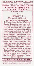 1990 Imperial Tobacco Co.1935 Player's Kings & Queens of England (Reprint) #3 Henry I Back