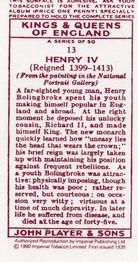 1990 Imperial Tobacco Co.1935 Player's Kings & Queens of England (Reprint) #13 Henry IV Back