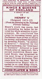 1990 Imperial Tobacco Co.1935 Player's Kings & Queens of England (Reprint) #14 Henry V Back