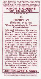 1990 Imperial Tobacco Co.1935 Player's Kings & Queens of England (Reprint) #15 Henry VI Back