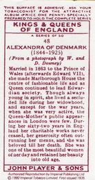 1990 Imperial Tobacco Co.1935 Player's Kings & Queens of England (Reprint) #48 Alexandra of Denmark Back